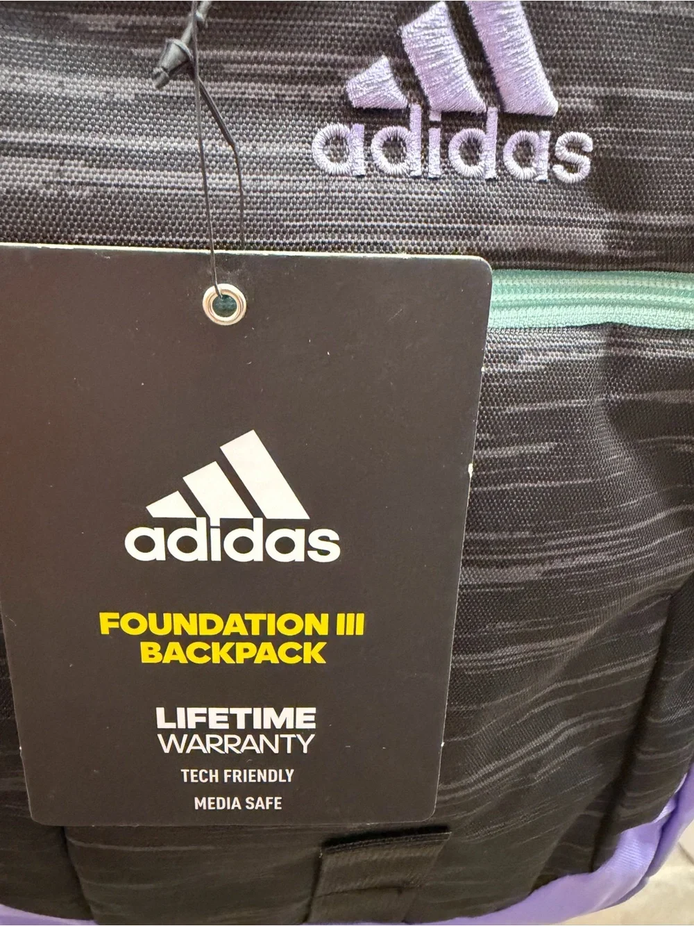NWT Adidas Foundation ||| Black Backpack with Lavender Base and Mint Zippers